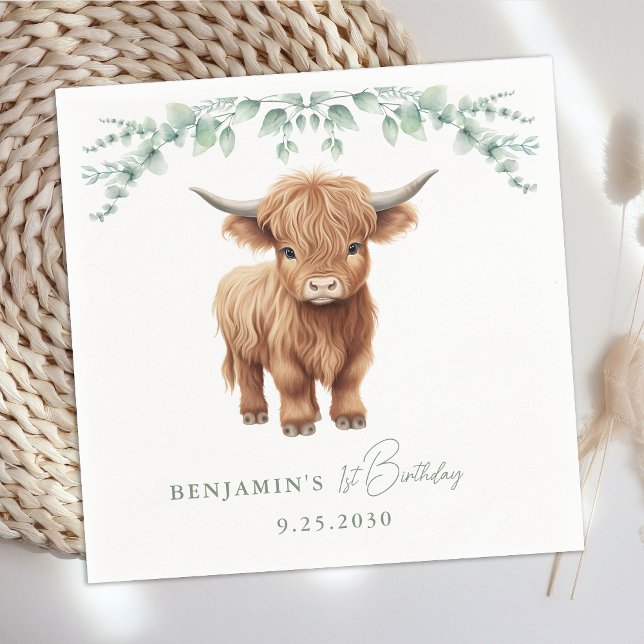 Highland Cow Boho Greenery Farm Animal Birthday Napkin (Creator Uploaded)