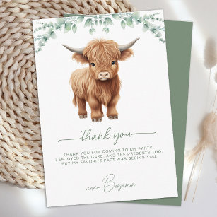 Highland Cow Boho Greenery Farm Animal Birthday Thank You Card