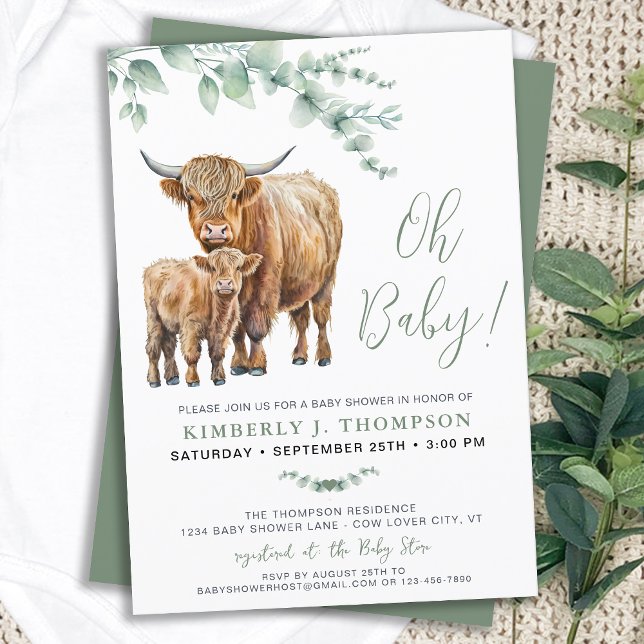 Highland Cow Boho Greenery Sage Baby Shower Invitation (Creator Uploaded)