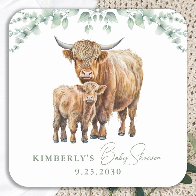 Highland Cow Boho Greenery Sage Baby Shower Square Sticker (Creator Uploaded)