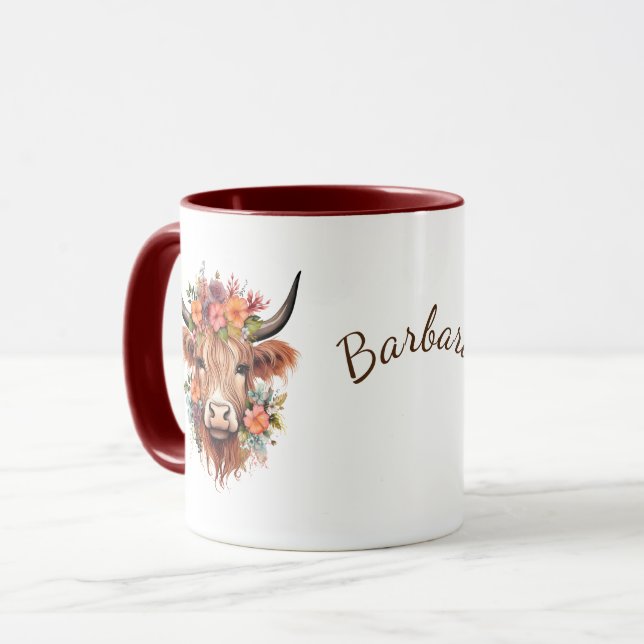 Highland Cow Boho | Name with Flowers Design Mug (Front Left)