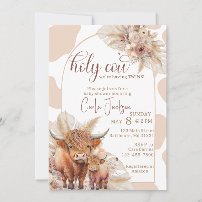  highland cow boho pampas grass twins baby shower invitation (Front)