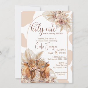  highland cow boho pampas grass twins baby shower invitation