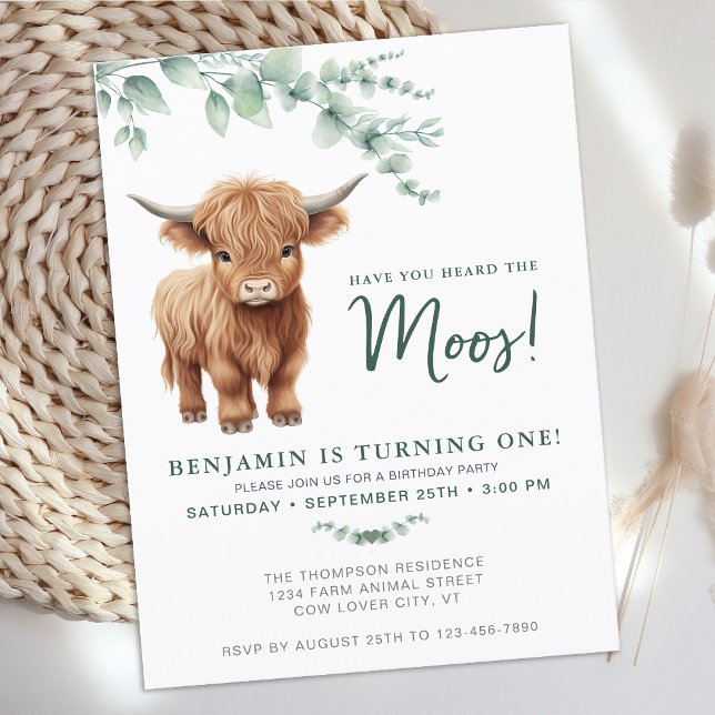 Highland Cow BohoGreenery Farm Animal 1st Birthday Invitation Postcard (Creator Uploaded)