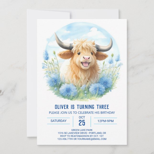Highland Cow Boy's Wildflower Picnic Birthday Invitation (Front)