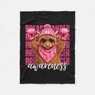 Highland cow breast cancer awareness pink ribbon fleece blanket