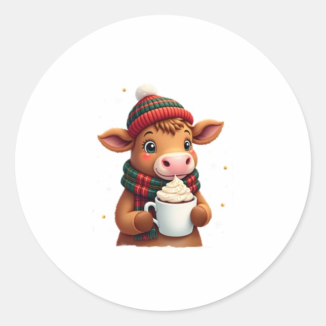 Highland Cow Brushstroke Christmas T-Shirt (4) Classic Round Sticker (Front)