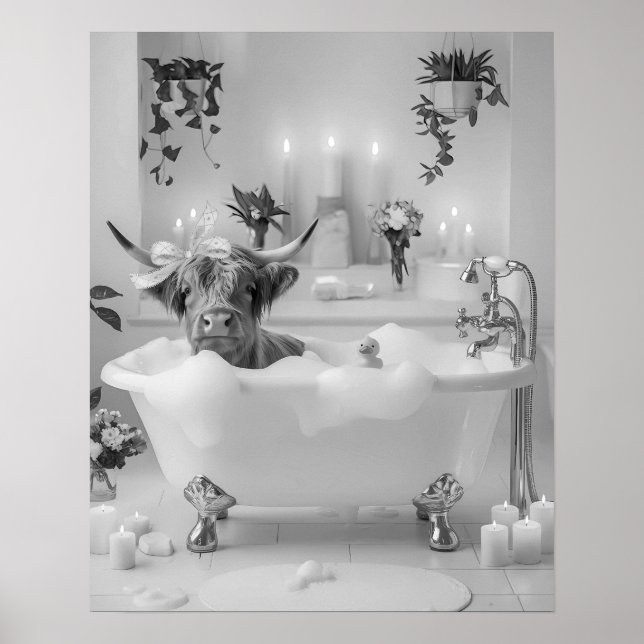 Highland Cow Bubble Bath Bathroom Black and White Poster (Front)