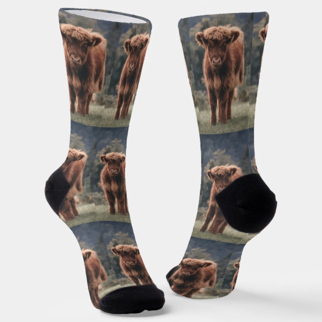 Highland cow calf autumn grass cute rustic pattern socks (Angled)