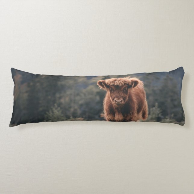 Highland cow calf autumn grass field body cushion (Front)