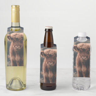 Highland cow calf autumn grass field bottle tag