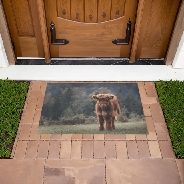 Highland cow calf autumn grass field doormat (Outdoor)