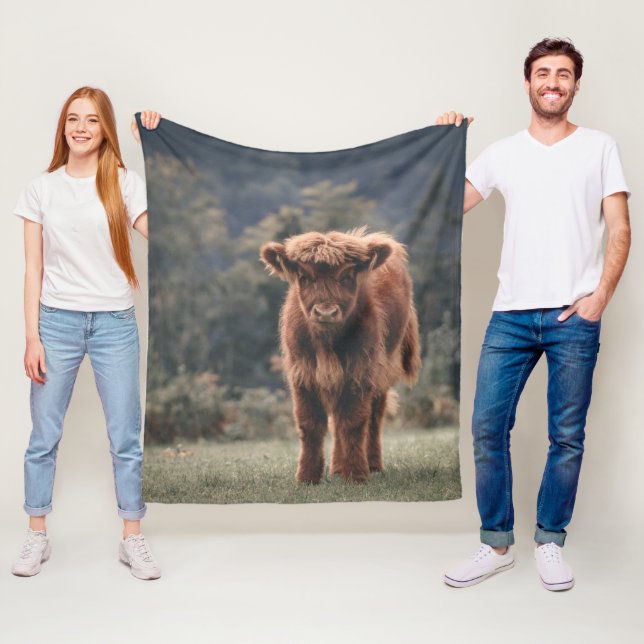 Highland cow calf autumn grass field fleece blanket (In Situ)