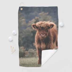 Highland cow calf autumn grass field golf towel
