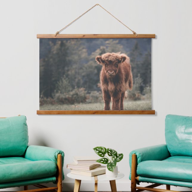 Highland cow calf autumn grass field hanging tapestry (Living Room)