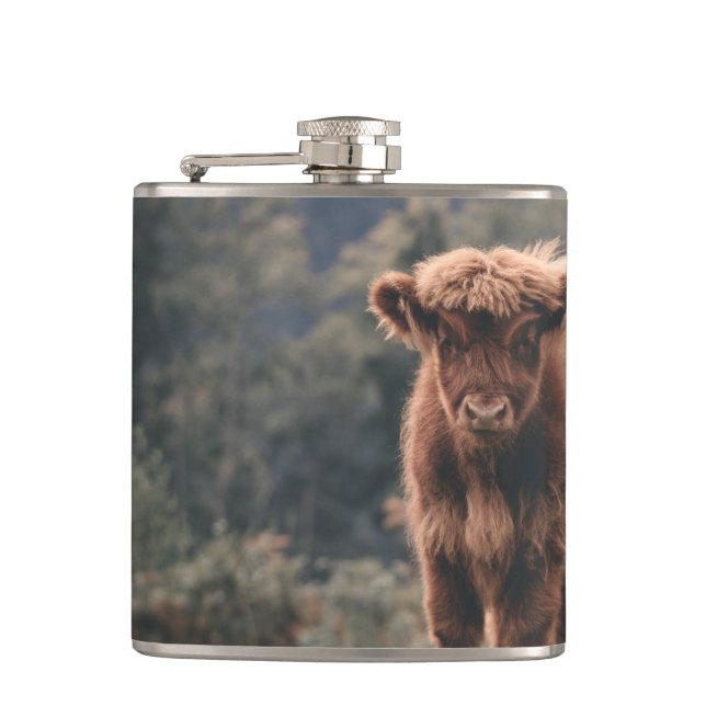 Highland cow calf autumn grass field hip flask (Front)