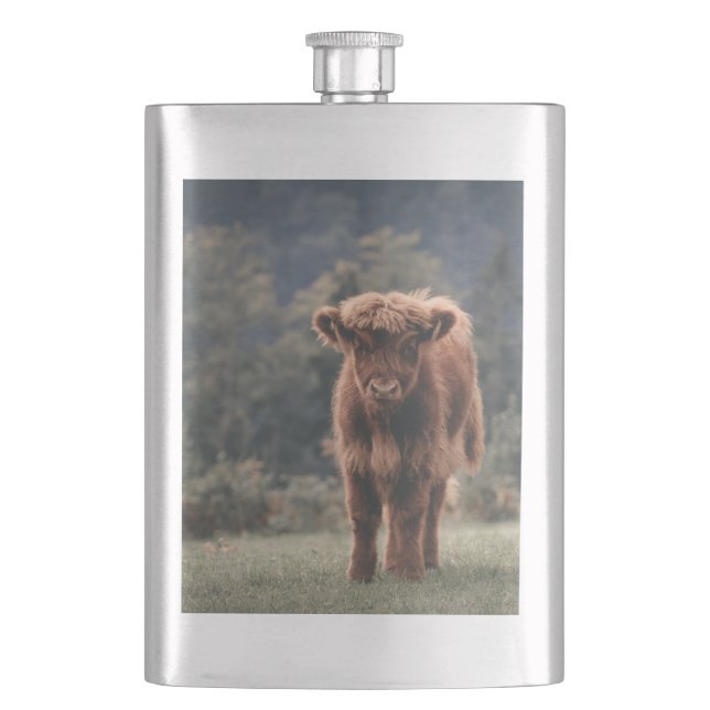 Highland cow calf autumn grass field hip flask (Front)