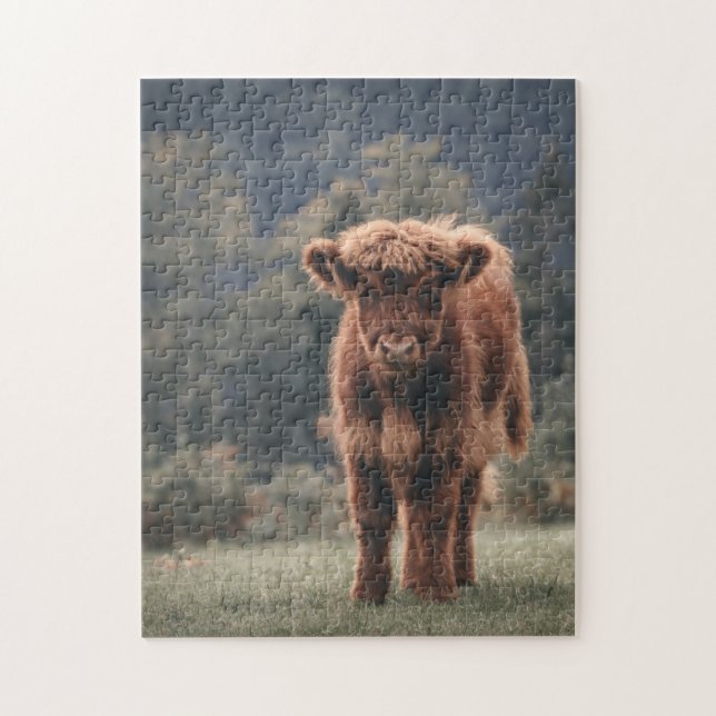 Highland cow calf autumn grass field jigsaw puzzle (Vertical)