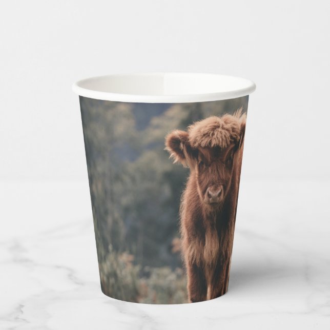 Highland cow calf autumn grass field paper cups (Left)