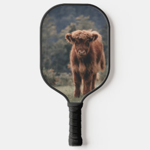 Highland cow calf autumn grass field pickleball paddle