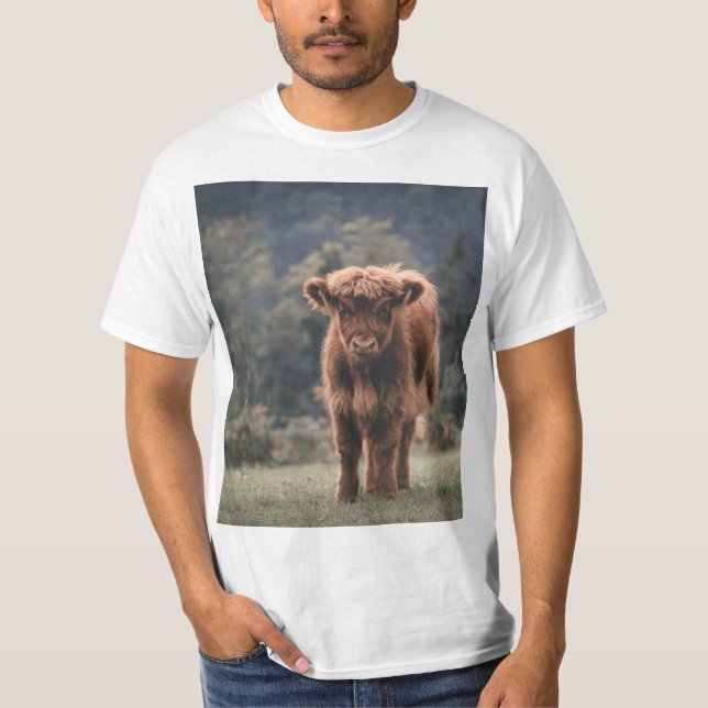 Highland cow calf autumn grass field T-Shirt (Front)