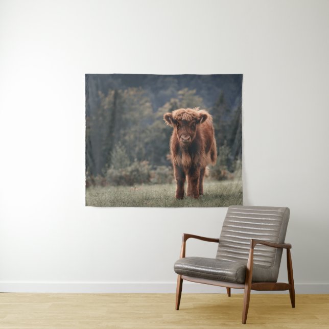 Highland cow calf autumn grass field tapestry (In Situ (Horizontal))