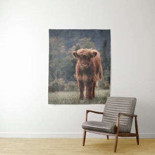 Highland cow calf autumn grass field tapestry