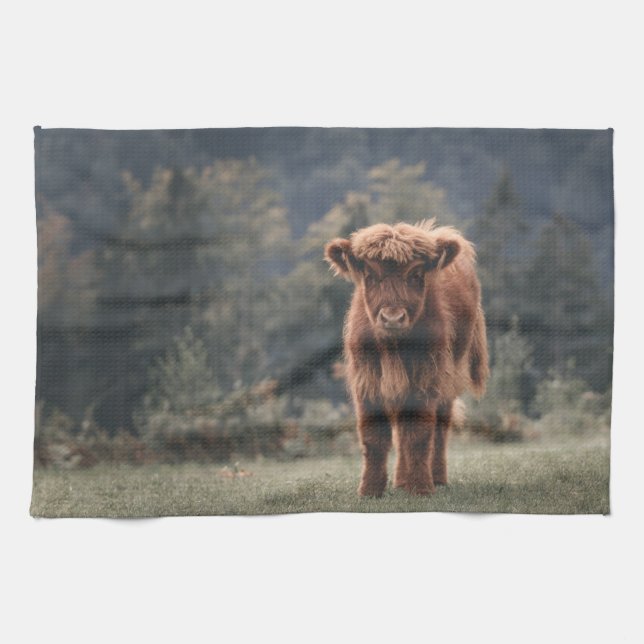 Highland cow calf autumn grass field tea towel (Horizontal)