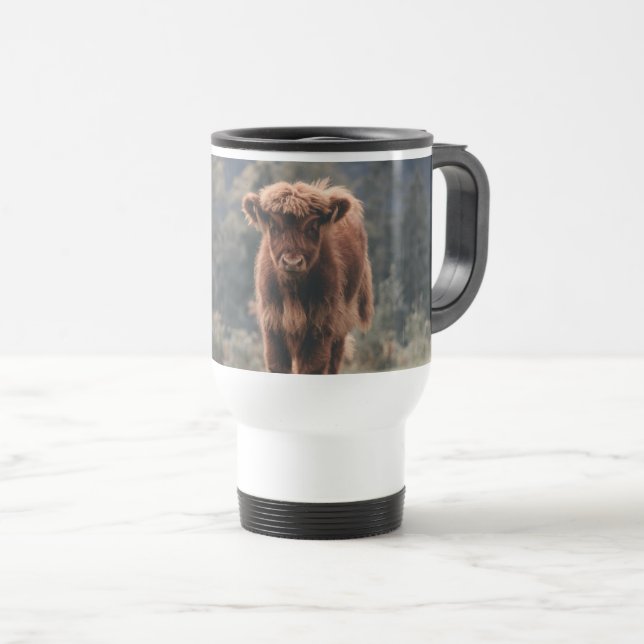 Highland cow calf autumn grass field travel mug (Front Right)