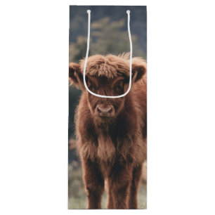 Highland cow calf autumn grass field wine gift bag