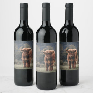 Highland cow calf autumn grass field wine label