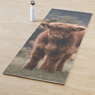 Highland cow calf autumn grass field yoga mat
