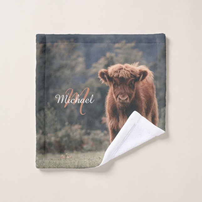 Highland cow calf autumn grass monogram initial bath towel set (Wash Cloth)