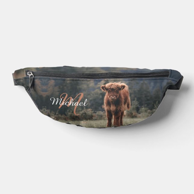 Highland cow calf autumn grass monogram initial bum bags (Lay Down)