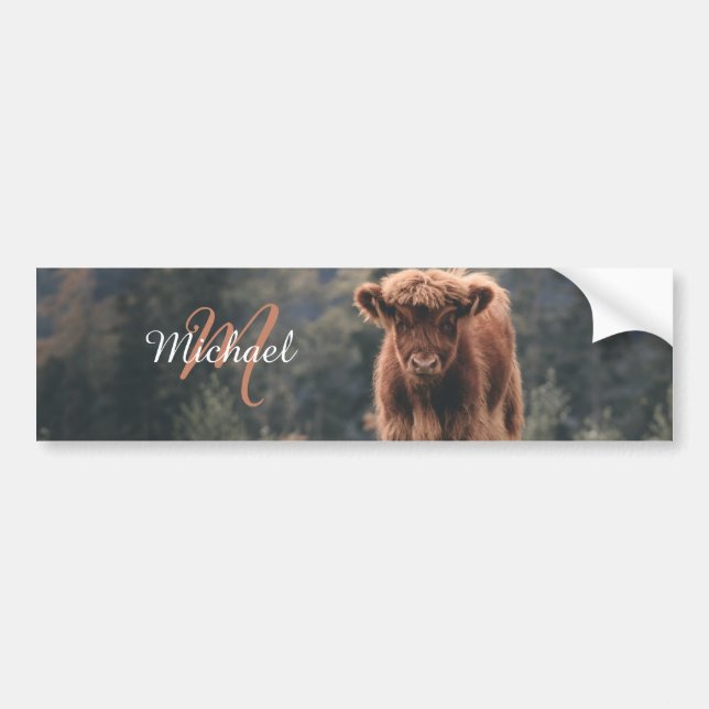 Highland cow calf autumn grass monogram initial bumper sticker (Front)