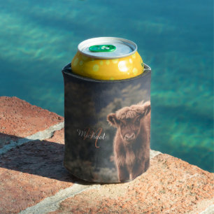 Highland cow calf autumn grass monogram initial can cooler