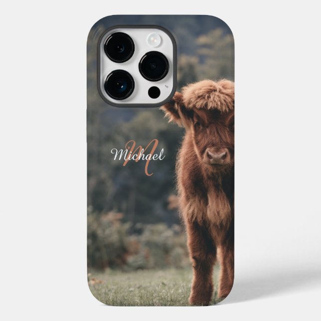 Highland cow calf autumn grass monogram initial Case-Mate iPhone case (Back)