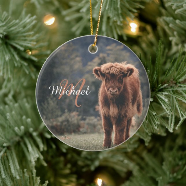 Highland cow calf autumn grass monogram initial ceramic tree decoration (Tree)