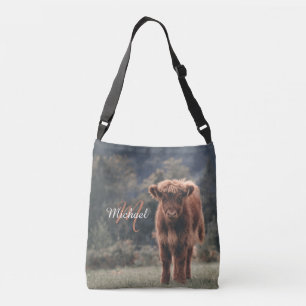 Highland cow calf autumn grass monogram initial crossbody bag