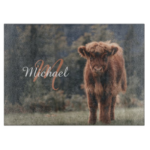 Highland cow calf autumn grass monogram initial cutting board