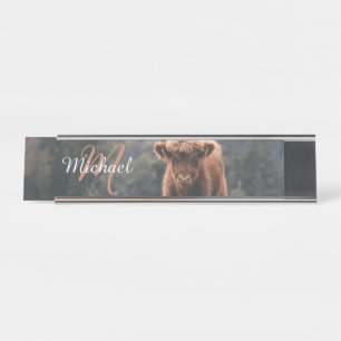 Highland cow calf autumn grass monogram initial desk name plate