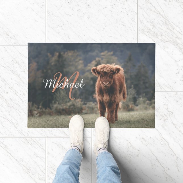 Highland cow calf autumn grass monogram initial doormat (Indoor)