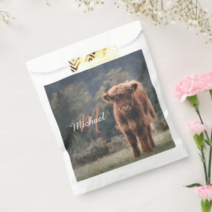 Highland cow calf autumn grass monogram initial favour bags