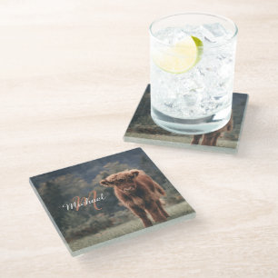 Highland cow calf autumn grass monogram initial glass coaster