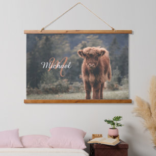 Highland cow calf autumn grass monogram initial hanging tapestry