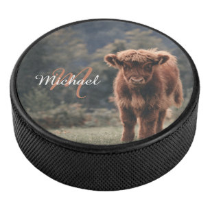 Highland cow calf autumn grass monogram initial hockey puck