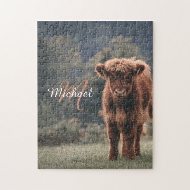 Highland cow calf autumn grass monogram initial jigsaw puzzle (Vertical)