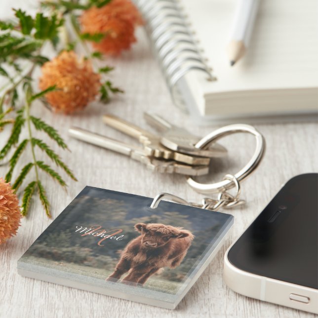 Highland cow calf autumn grass monogram initial key ring (Front Right)