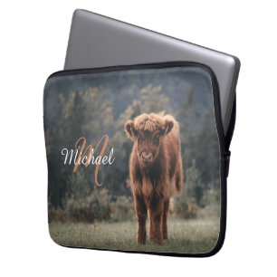 Highland cow calf autumn grass monogram initial laptop sleeve