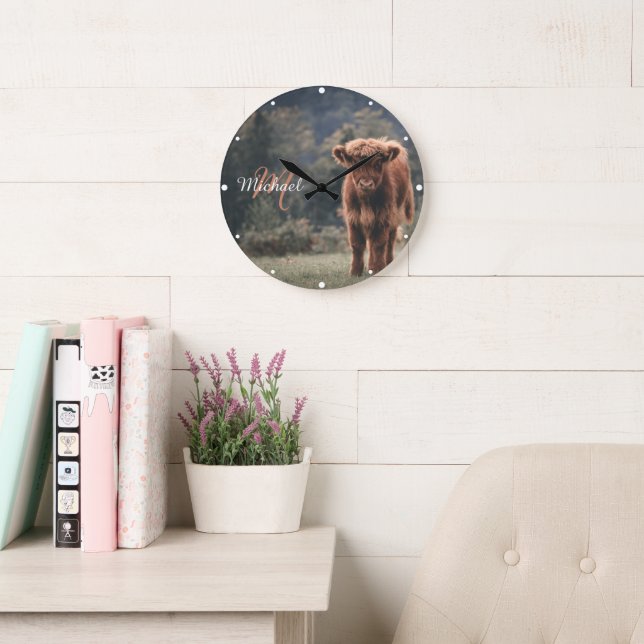 Highland cow calf autumn grass monogram initial large clock (Reading Room)